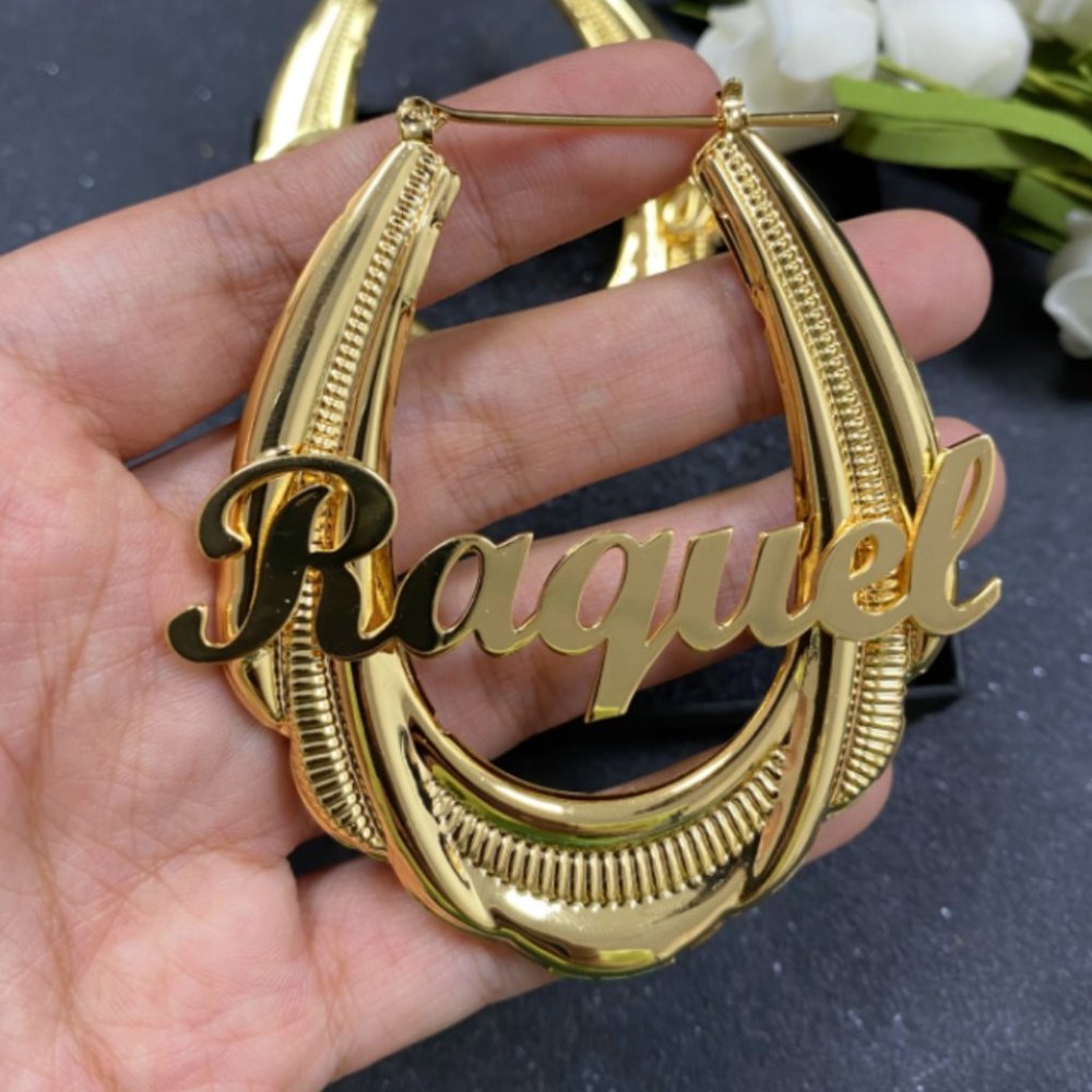 Personalized Name Hoop Bamboo Earrings Pair Custom Jewelry Women Stainless Steel